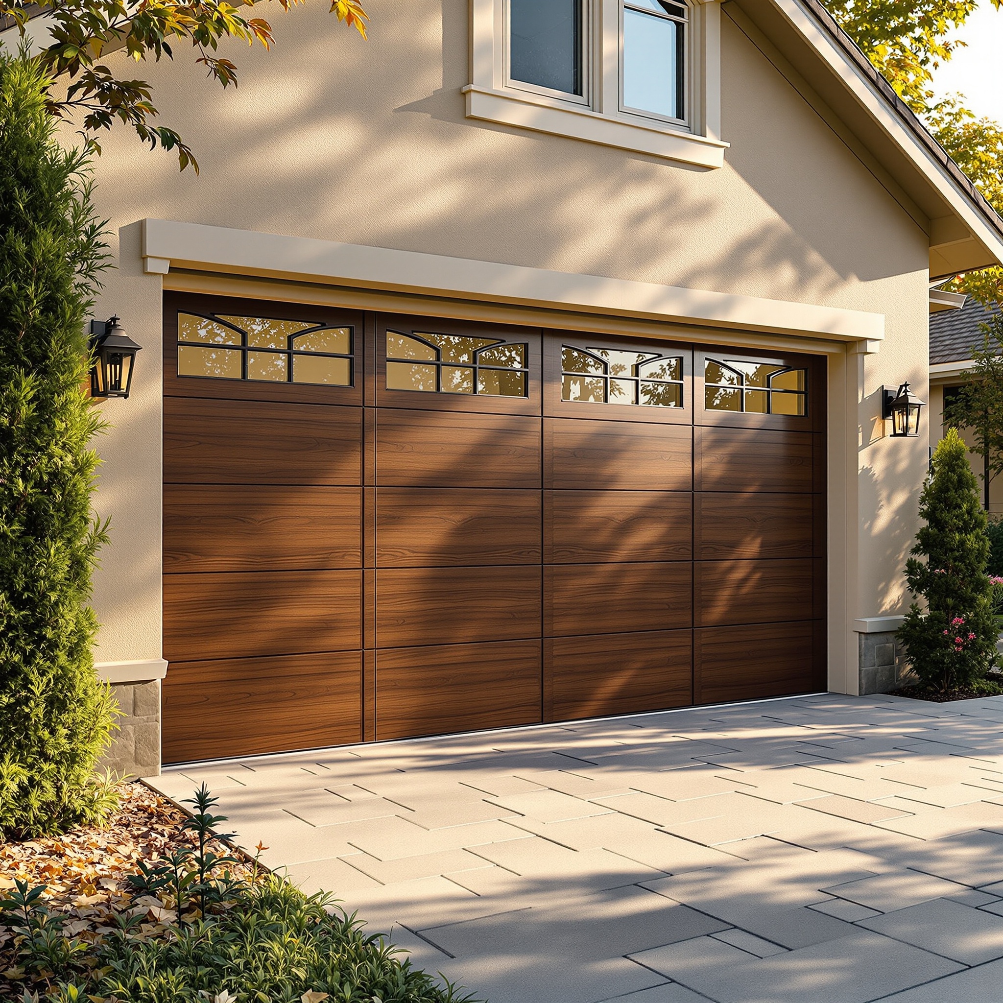 Bluefin modern wood grain garage door with decorative windows installation